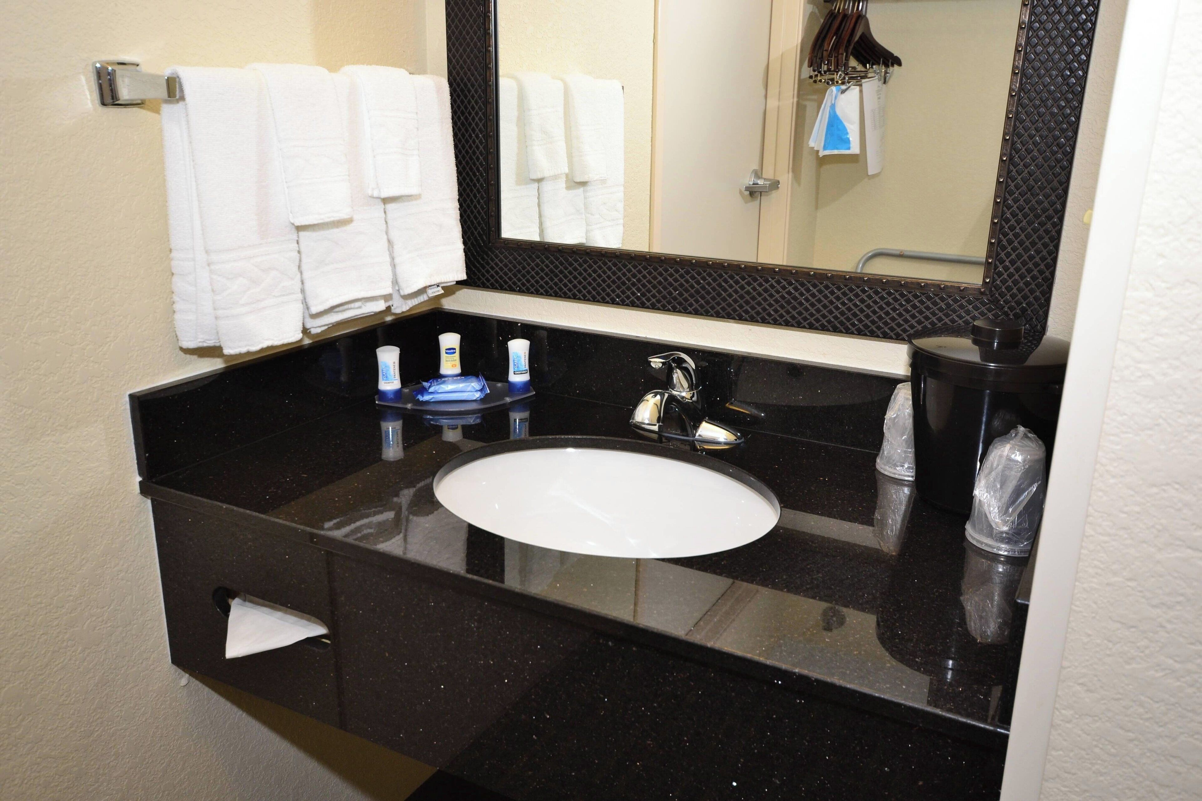 combined shower/bathtub, free toiletries, hair dryer, towels