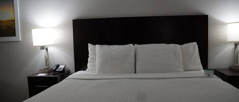 Una habitación de hotel con una cama grande, dos mesitas de noche con lámparas, un teléfono y un cuadro enmarcado en la pared.