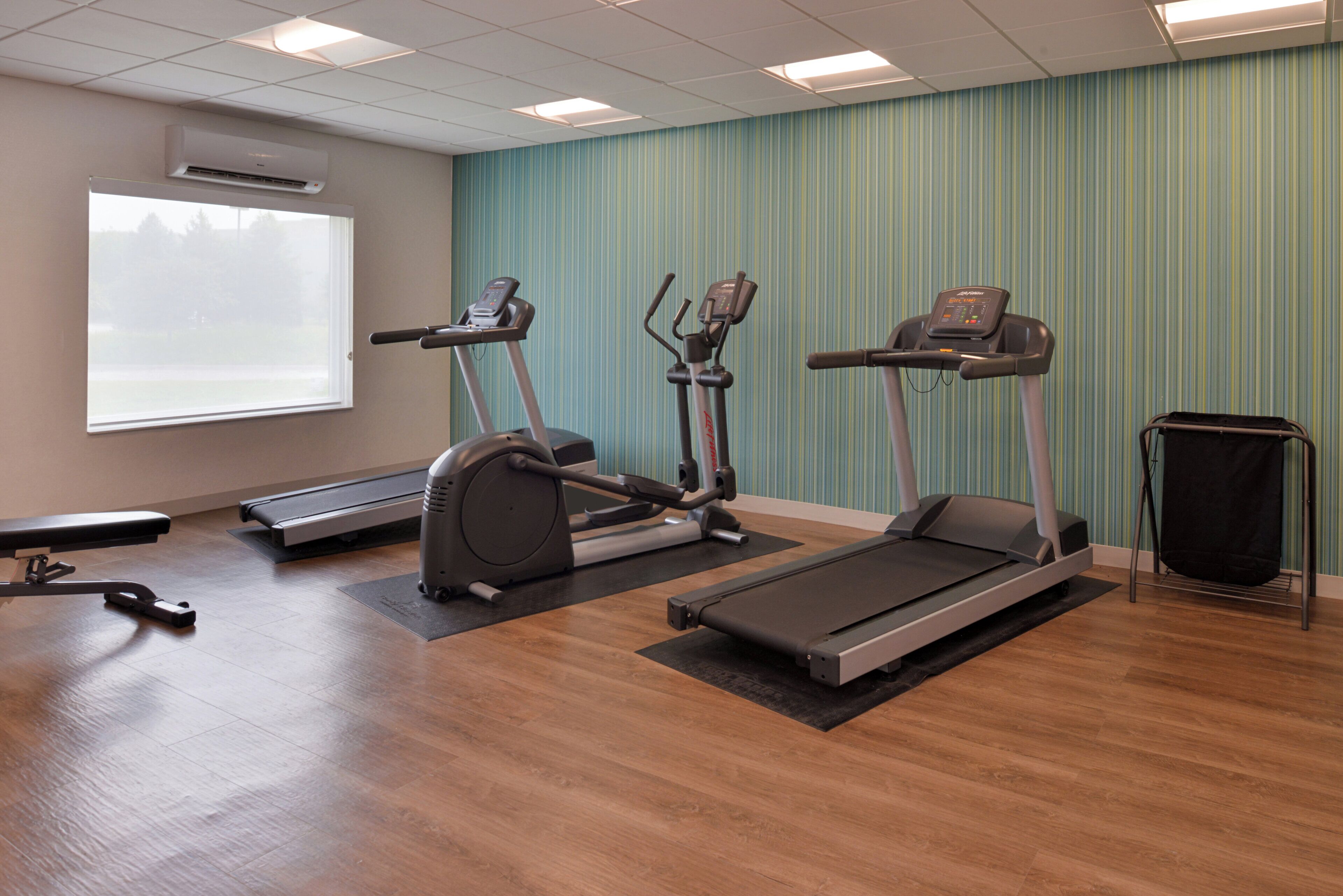 A fitness room with treadmills, elliptical machines, and a bench.