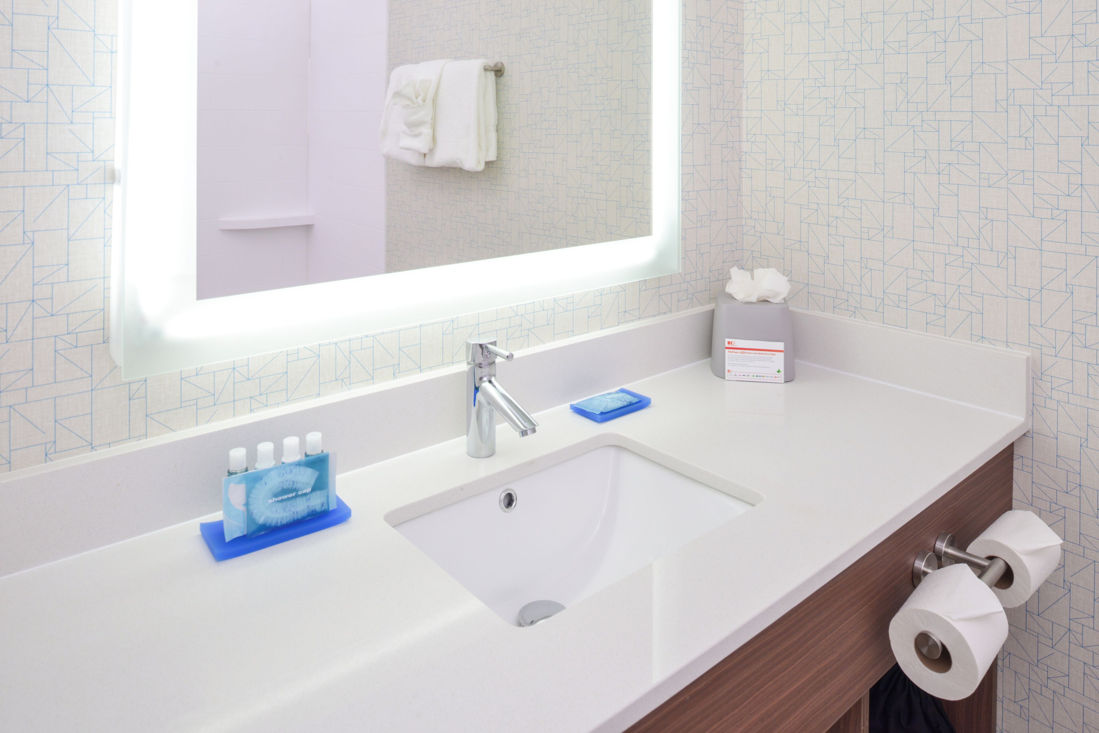 A bathroom with a white sink, a mirror, a towel rack, and a toilet paper holder.