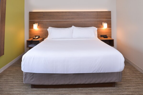 Desk, laptop workspace, blackout curtains, iron/ironing board