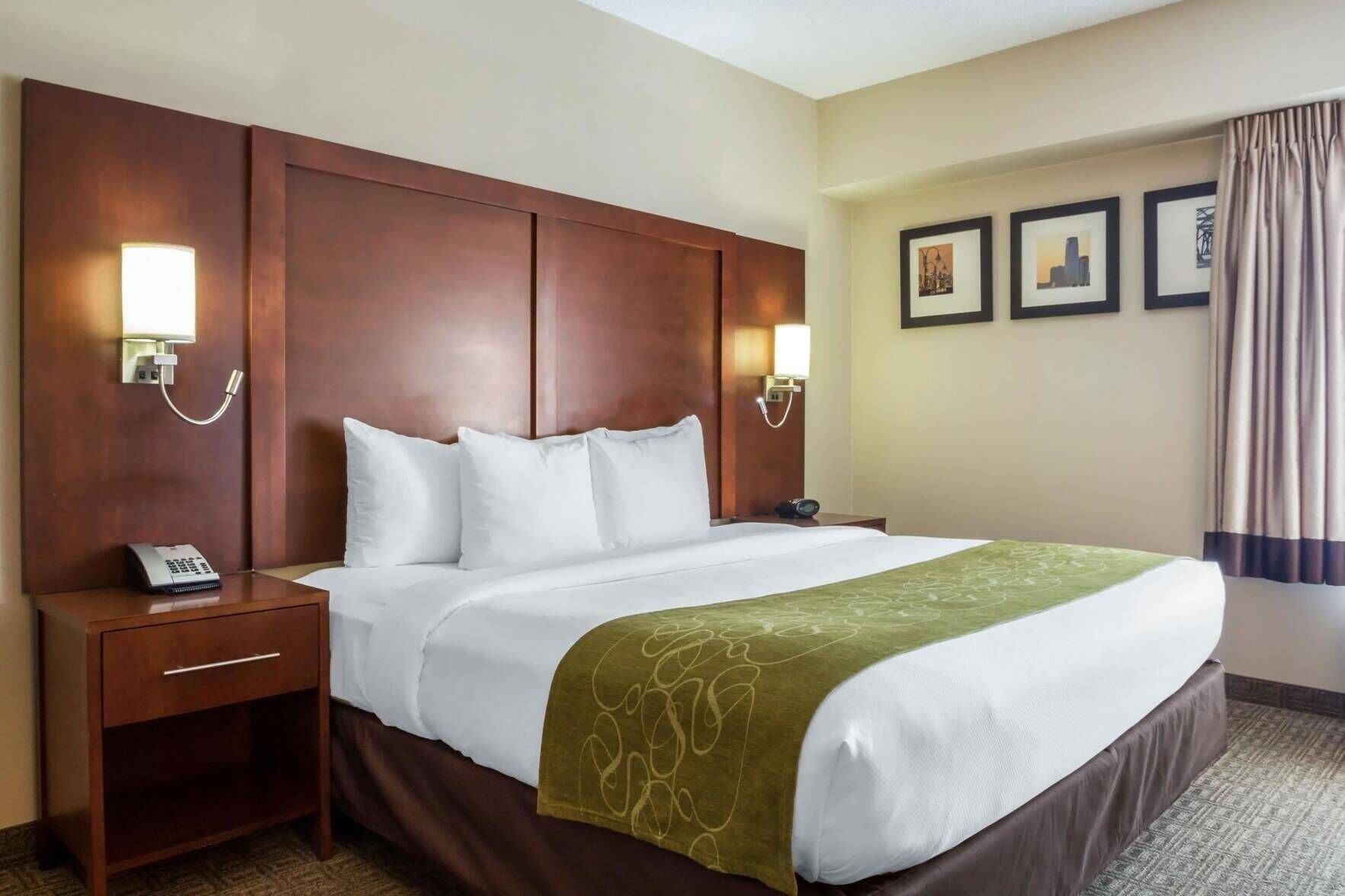 Hypo-allergenic bedding, desk, laptop workspace, blackout drapes