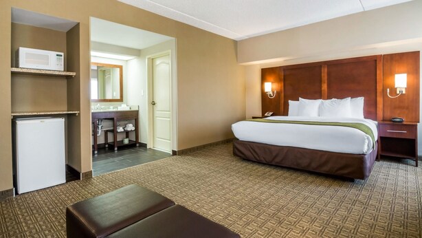 A hotel room with a bed, a desk, a microwave, and a refrigerator. - Comfort Suites at Woodbridge (Avenel)