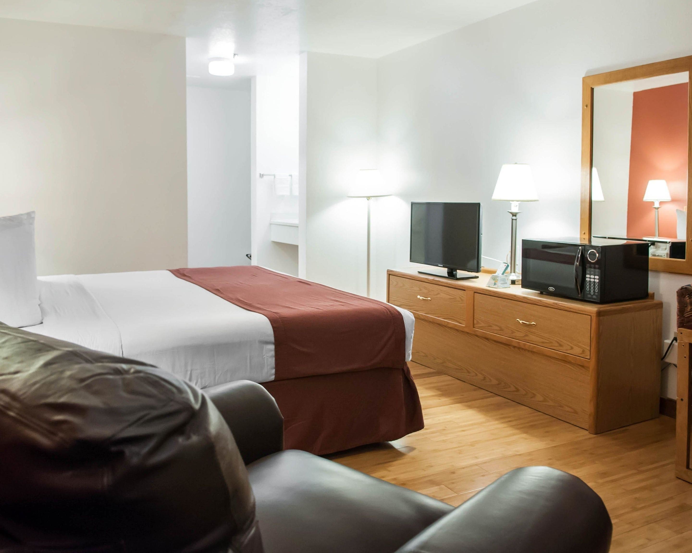 Une chambre d’hôtel comprenant un lit, deux tables de chevet, une télévision, un four à micro-ondes et un miroir.