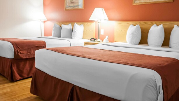 Habitación de hotel con dos camas, cada una con ropa blanca y cabeceros marrones. Hay una mesita de noche con una lámpara entre las camas.
