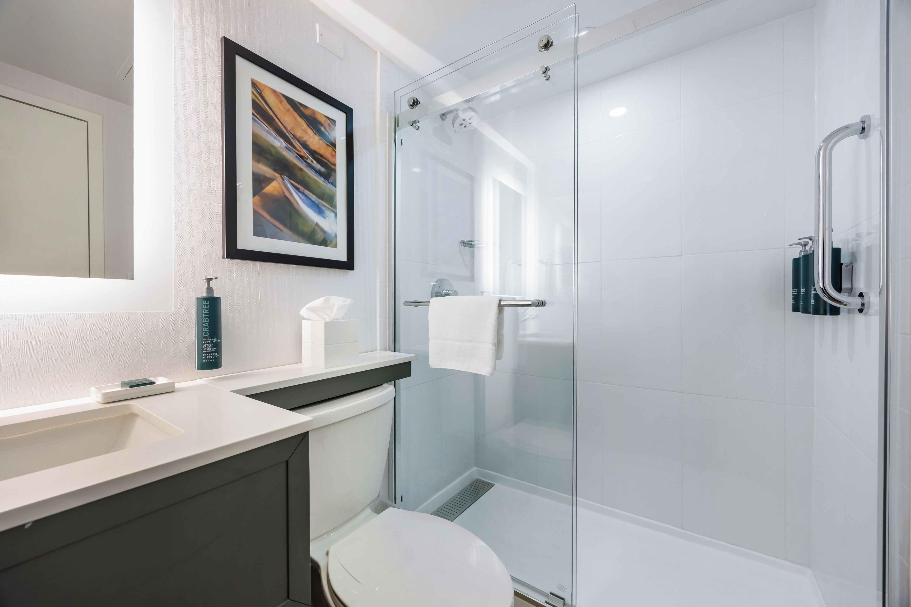 Une salle de bain moderne avec une douche à parois de verre, des toilettes blanches et un lavabo avec un miroir au-dessus.
