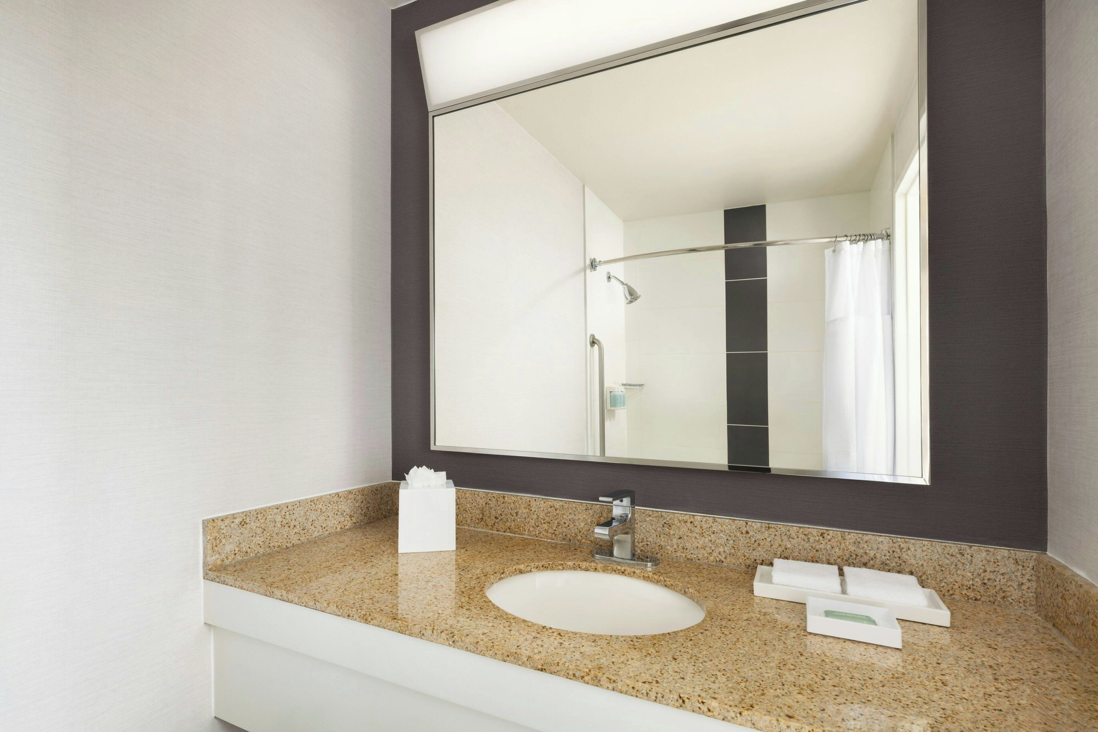 A bathroom with a white sink, a mirror, and a towel rack.