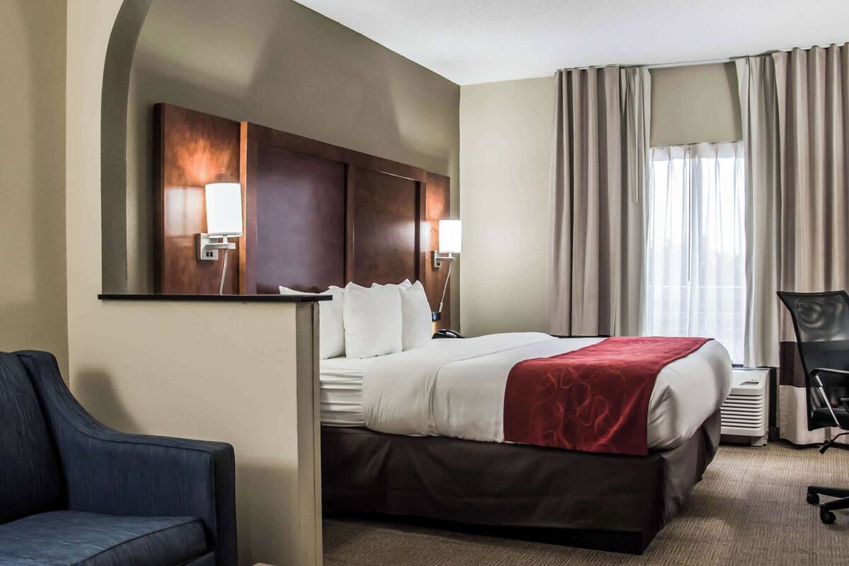 Une chambre d’hôtel équipée d’un lit, d’un bureau, d’une chaise, d’un canapé, d’une télévision et d’une fenêtre avec des rideaux.