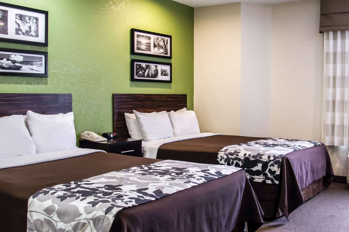 A hotel room with two beds, a green accent wall, and framed pictures.