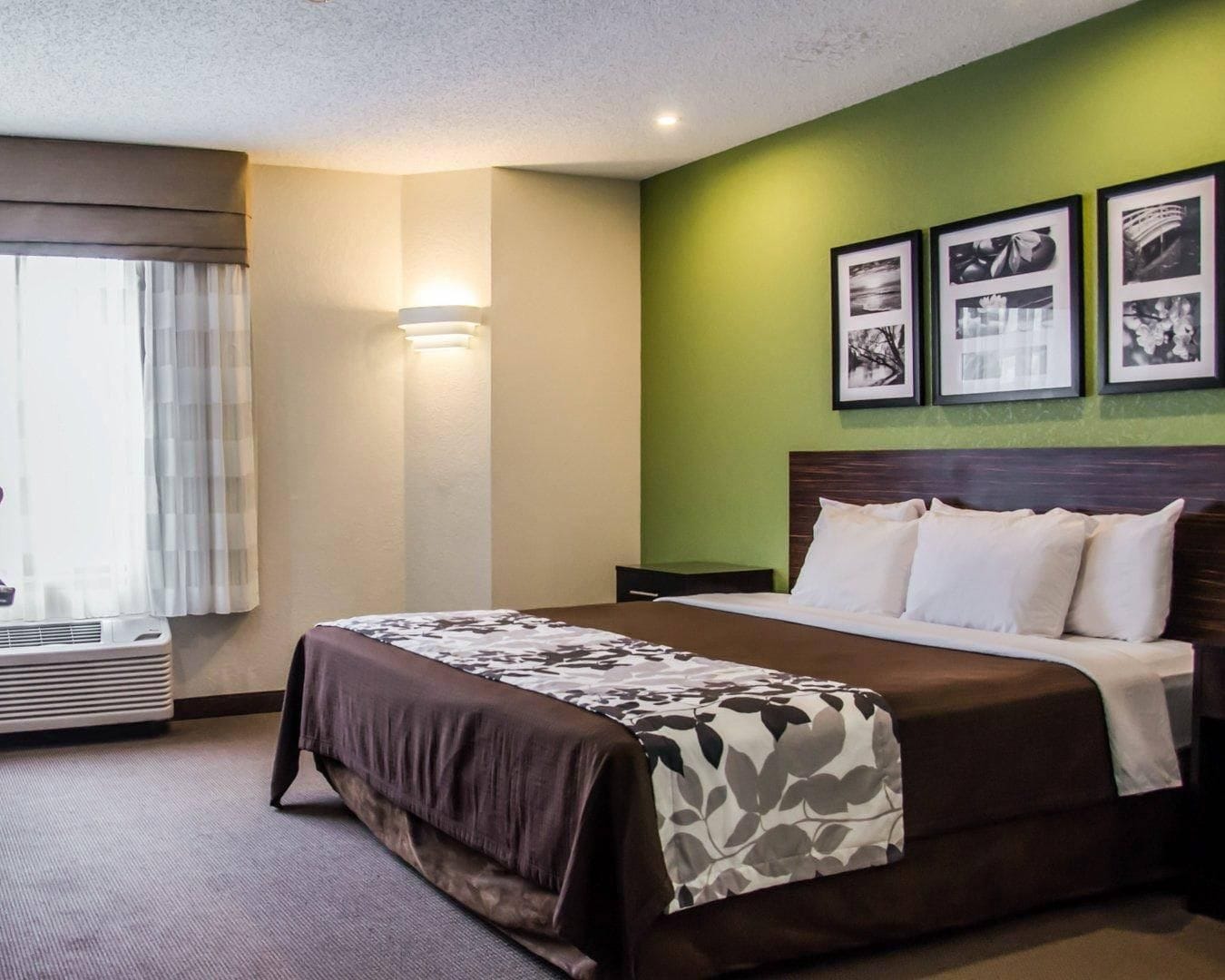 Quarto de hotel com cama, mesa de cabeceira, luminária na parede e quadros enquadrados.