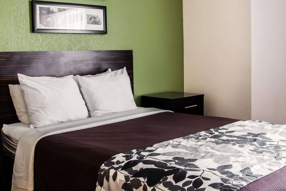 A neatly made bed with a dark headboard, a white pillow, and a floral-patterned blanket. There are two framed pictures on the wall above the bed.