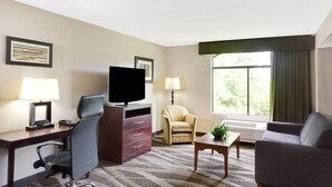 Une chambre d’hôtel équipée d’un bureau, d’une télévision, d’une chaise, d’un canapé et d’une fenêtre avec des rideaux.