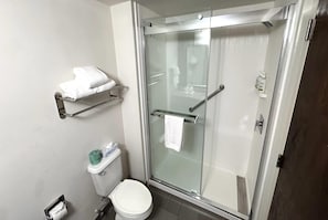 Shower, free toiletries, hair dryer, towels