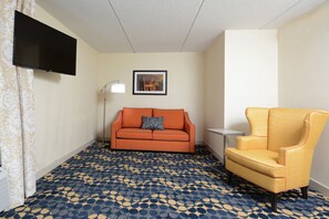 Habitación de hotel con sofá, sillón, alfombra estampada, televisor de pantalla plana, un cuadro enmarco y una lámpara de pie.