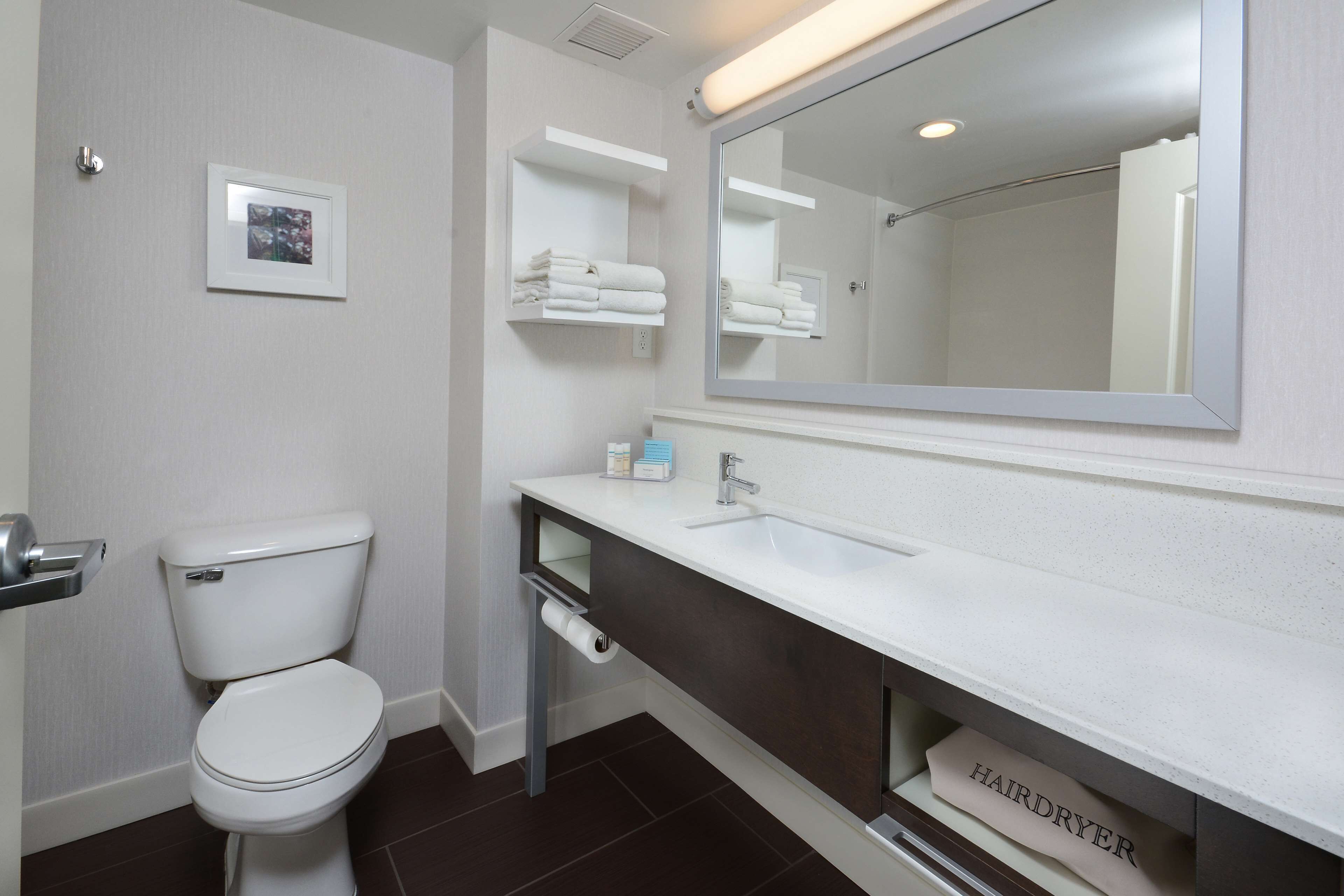 combined shower/bathtub, free toiletries, hair dryer, towels