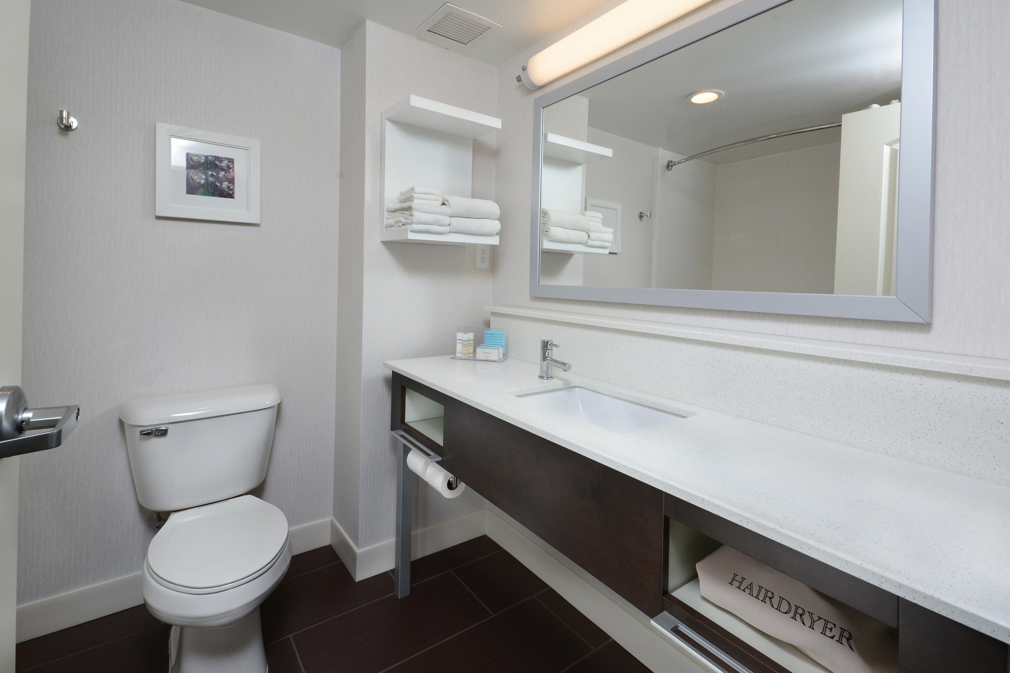 A bathroom with a toilet, sink, mirror, towel rack, and a hairdryer.