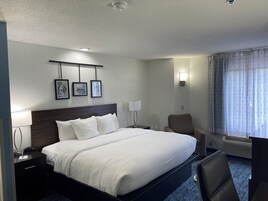 Habitación de hotel con una cama grande, un escritorio, una silla, una mesita de noche con lámpara y un cuadro colgado en la pared.