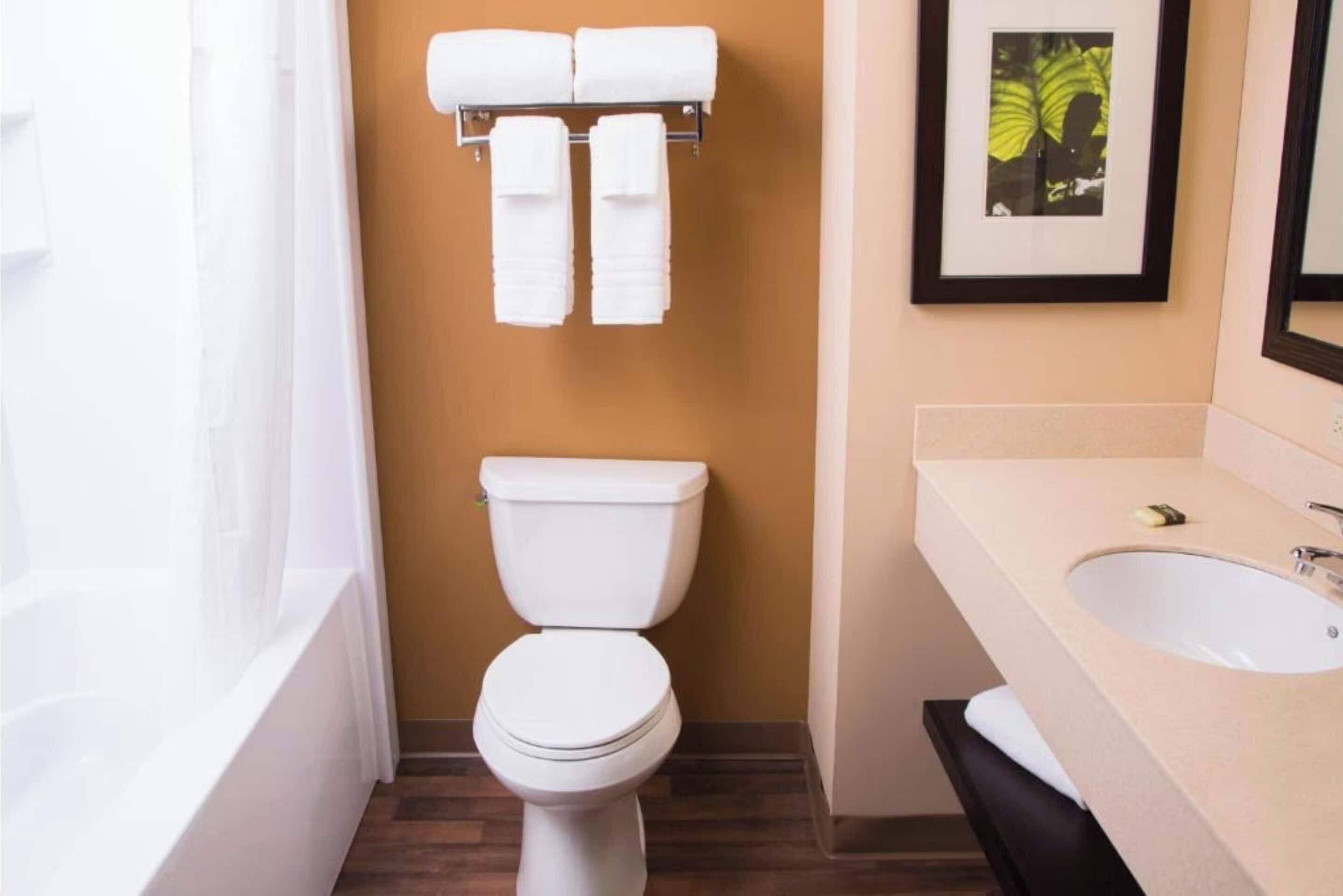 Combined shower/tub, free toiletries, towels, soap