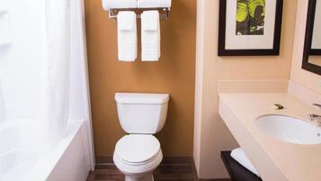 Combined shower/tub, free toiletries, towels, soap