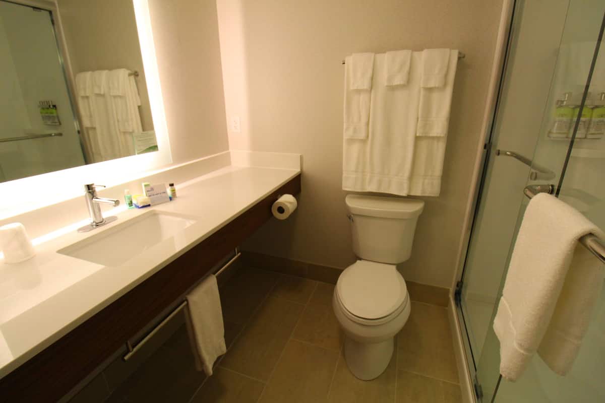 Combined shower/tub, free toiletries, hair dryer, towels