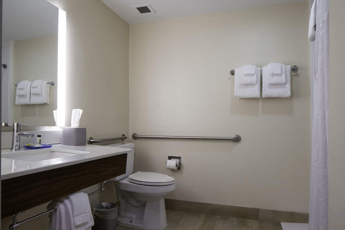 A bathroom with a white sink, toilet, and handrail. There are two towels hanging on the wall.