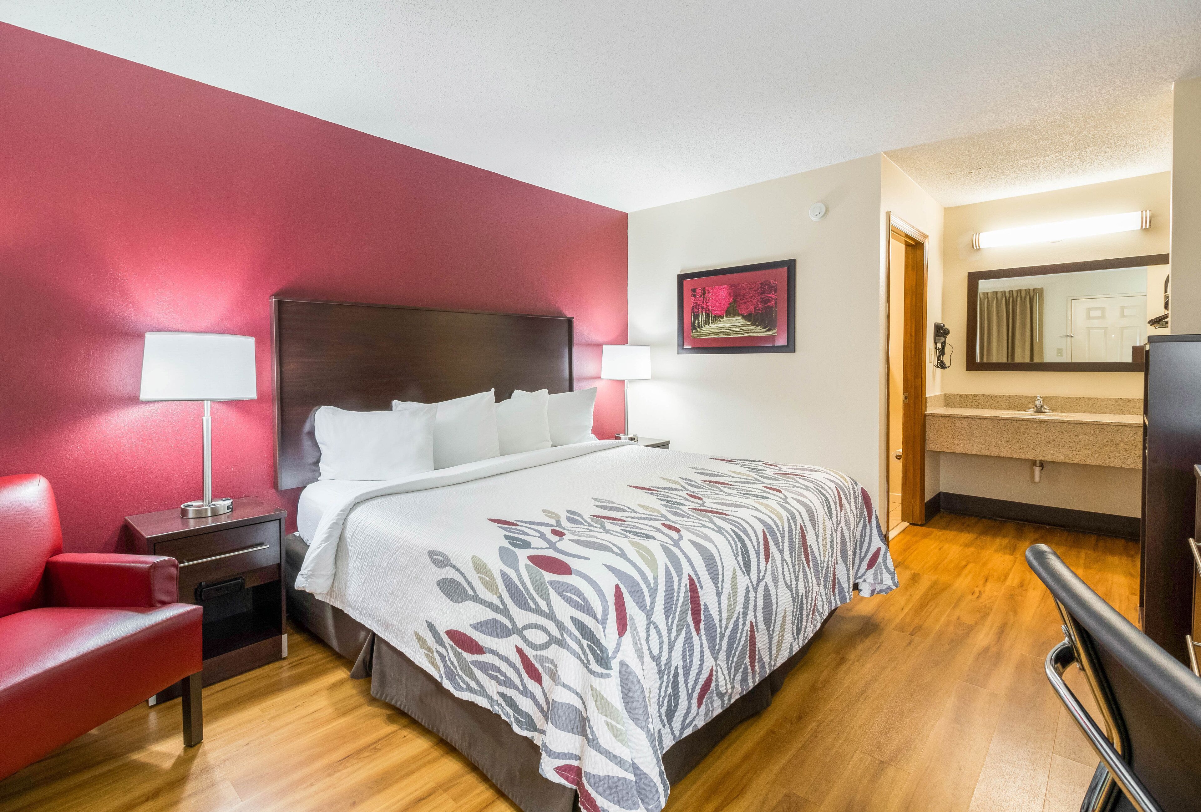 desk, laptop workspace, blackout curtains, iron/ironing board