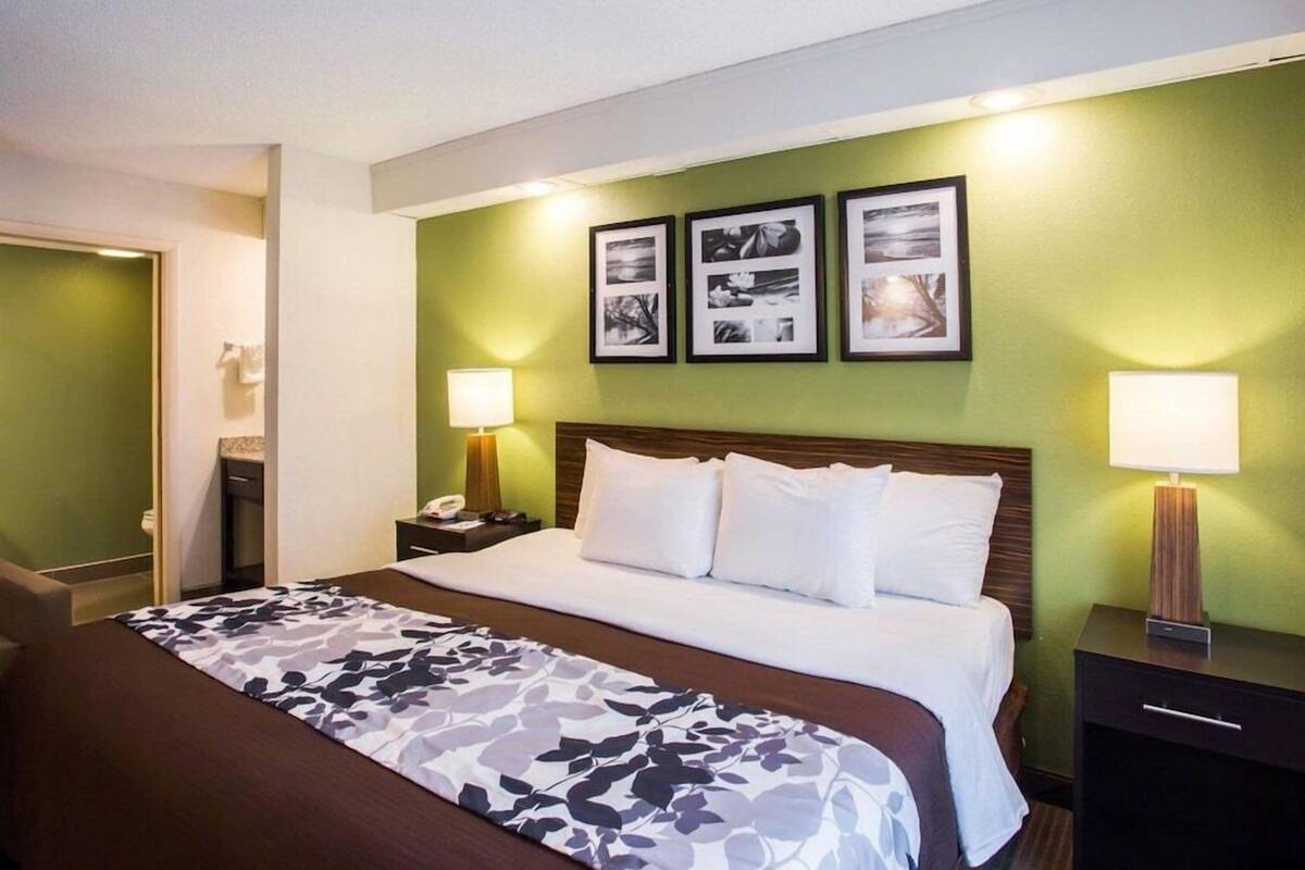 A hotel room with a bed, a nightstand, a lamp, and a wall with framed pictures.
