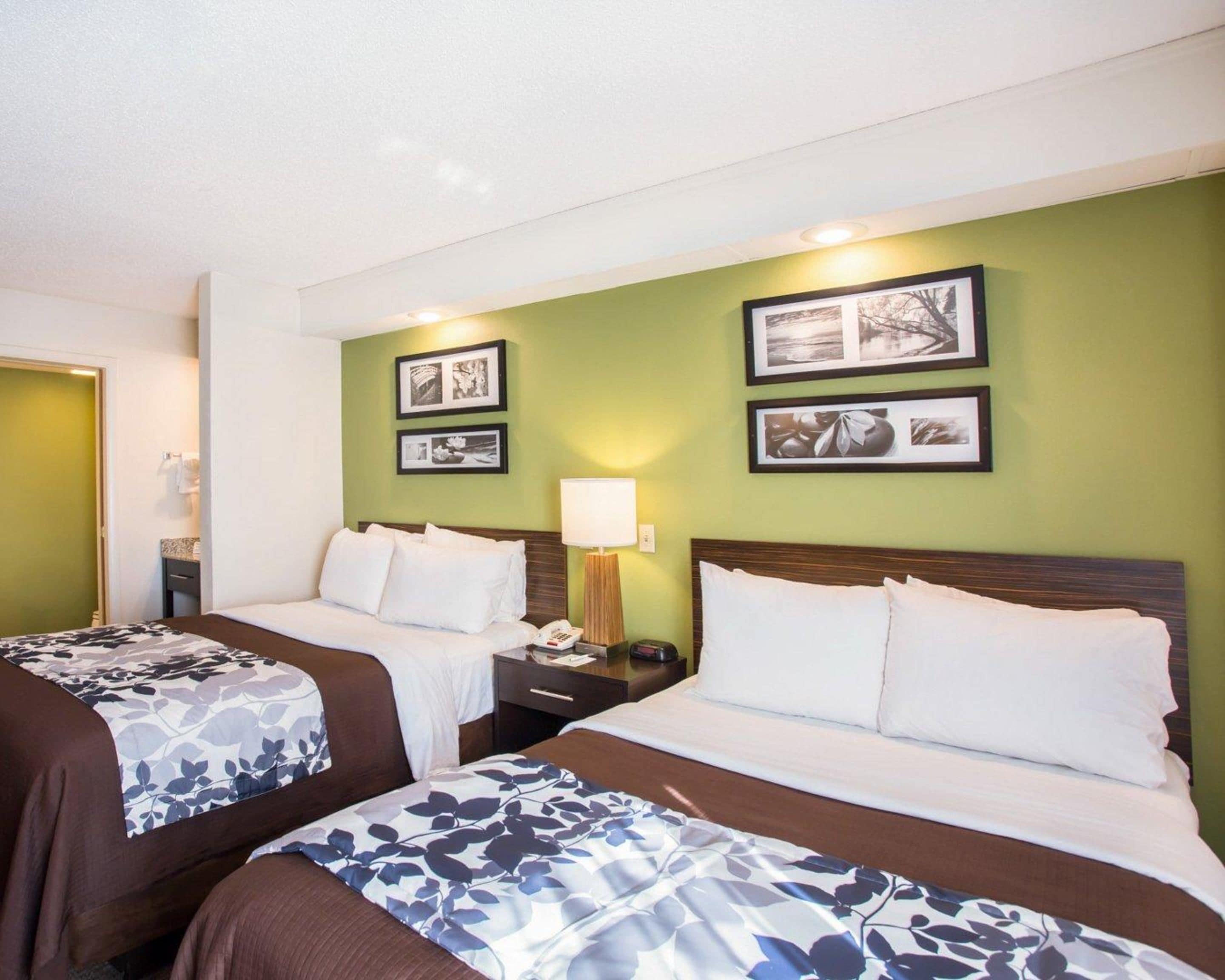 Habitación de hotel con dos camas, paredes verdes y cuadros enmarcados.