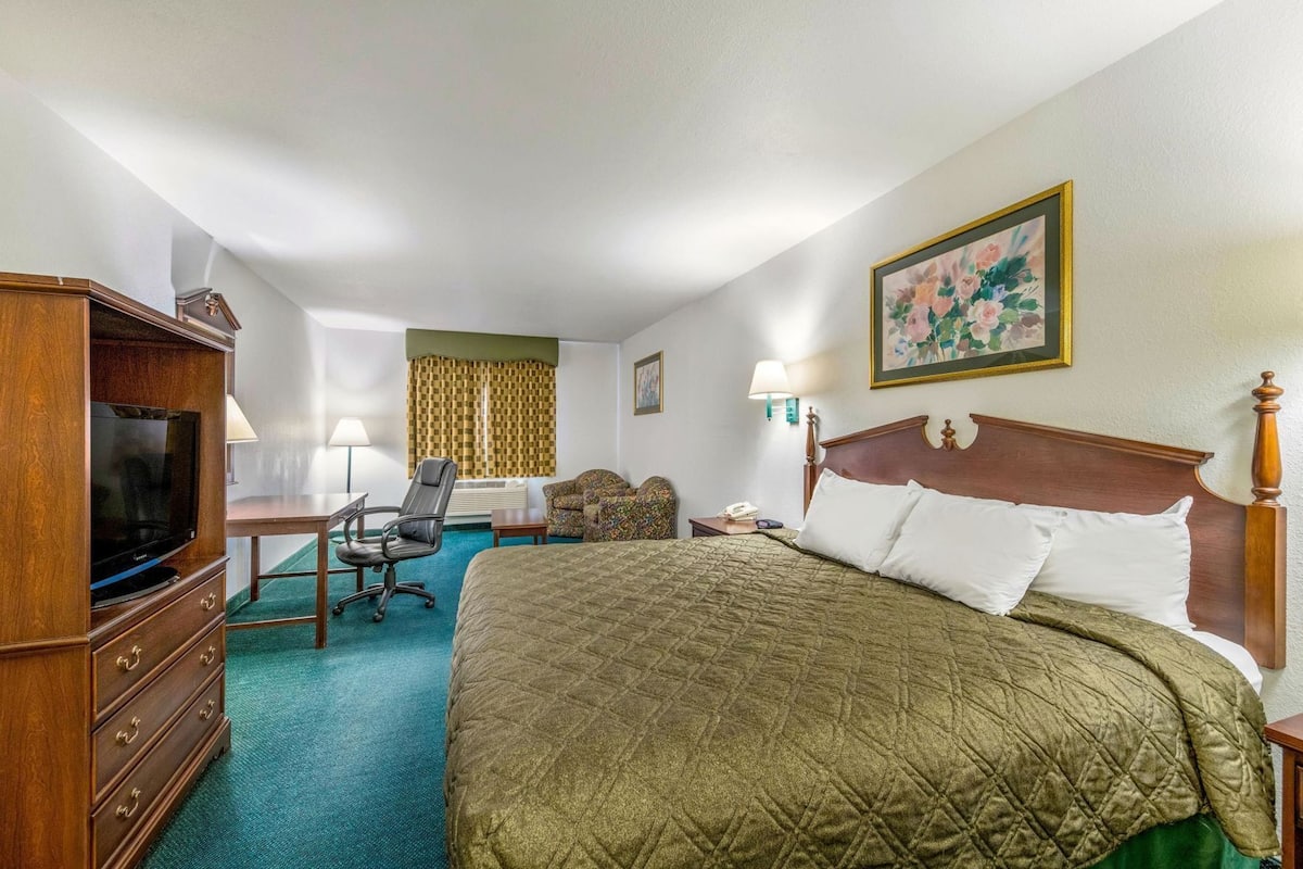 A hotel room with a bed, a desk with a chair, a television, a lamp, and a painting on the wall.