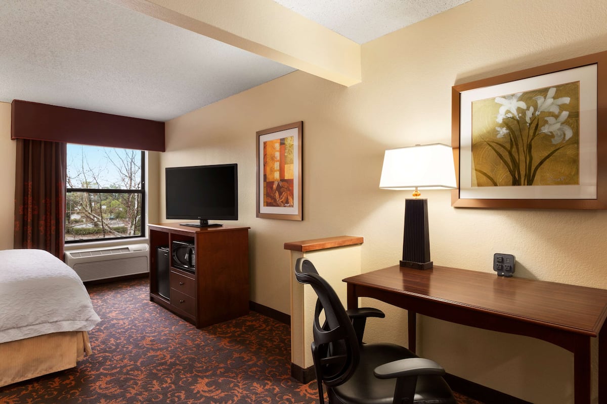 A hotel room with a bed, a desk with a chair, a television, a lamp, and a framed picture on the wall.