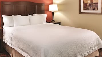 A neatly made bed with white linens and a wooden headboard, a bedside lamp, and a framed artwork on the wall.