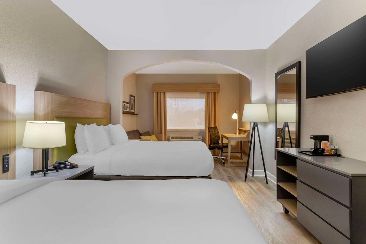 Een hotelkamer met twee bedden, een bureau, een stoel, een televisie en een dressoir.