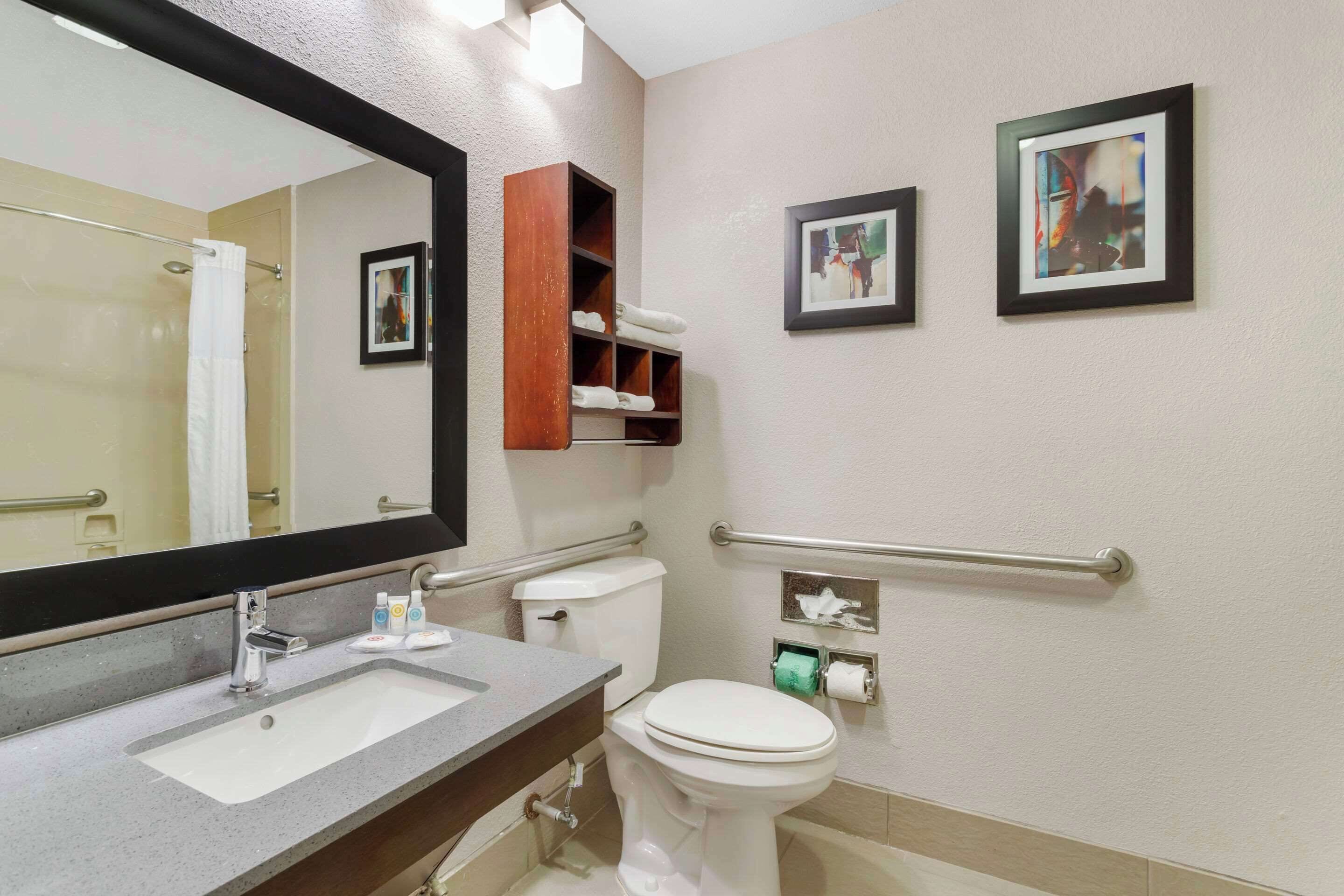 A bathroom with a sink, mirror, toilet, and handrails.