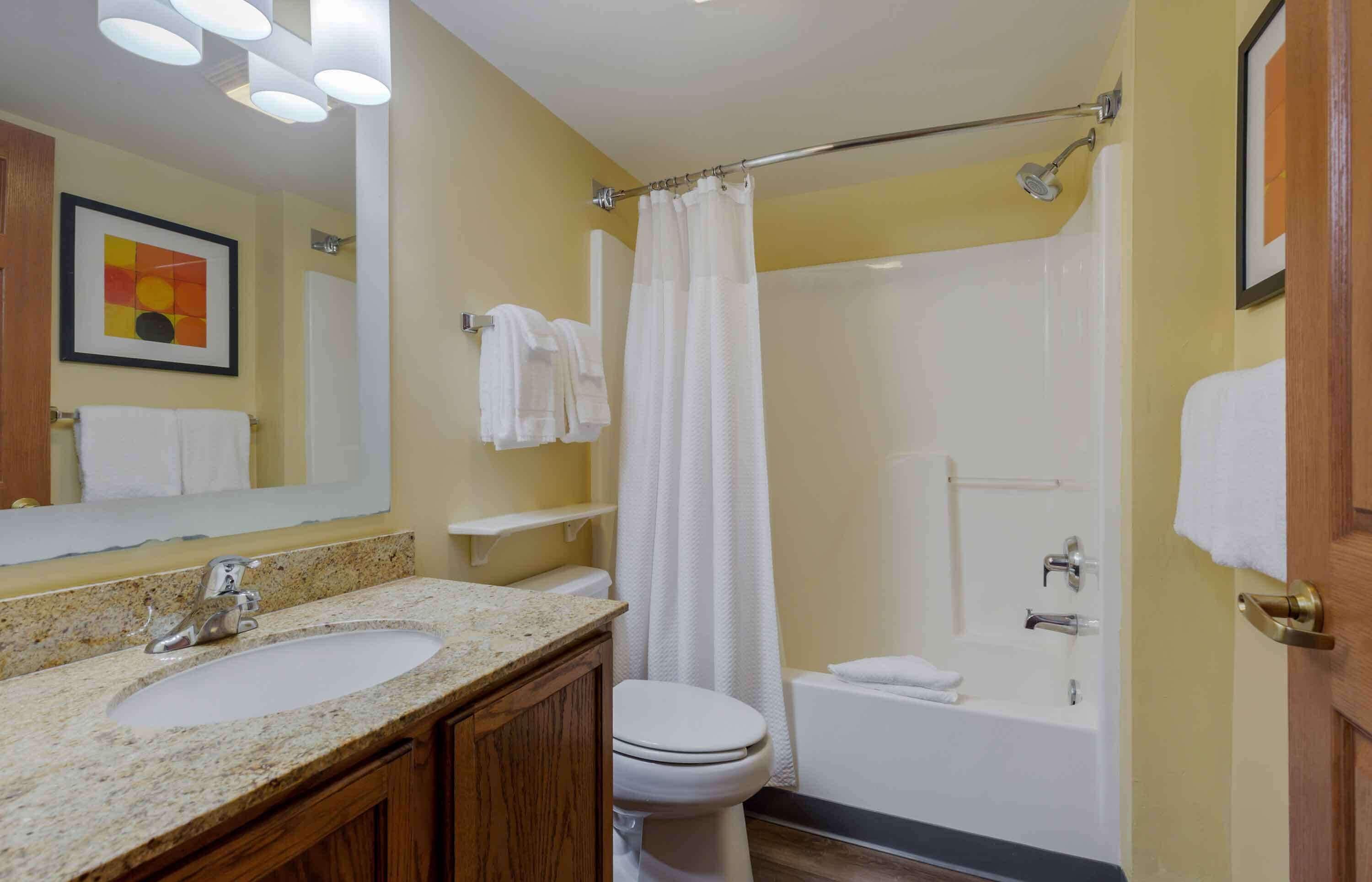 A bathroom with a sink, toilet, and bathtub. There is a shower curtain, a towel rack, and a framed picture on the wall.