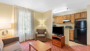 Desk, laptop workspace, blackout curtains, iron/ironing board