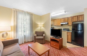 Desk, laptop workspace, blackout curtains, iron/ironing board