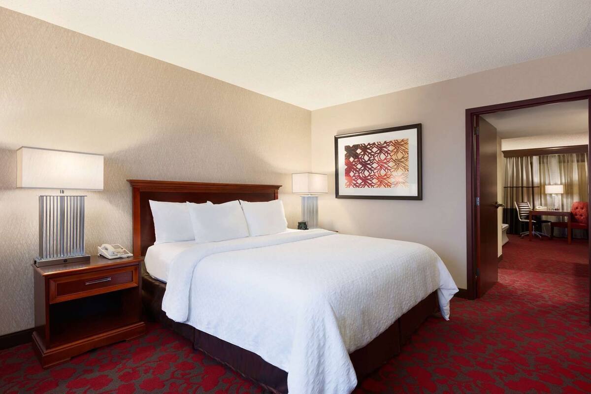 Une chambre d’hôtel avec un grand lit, des lampes de chevet, un téléphone, un tableau encadré et un sol recouvert d’une moquette rouge.
