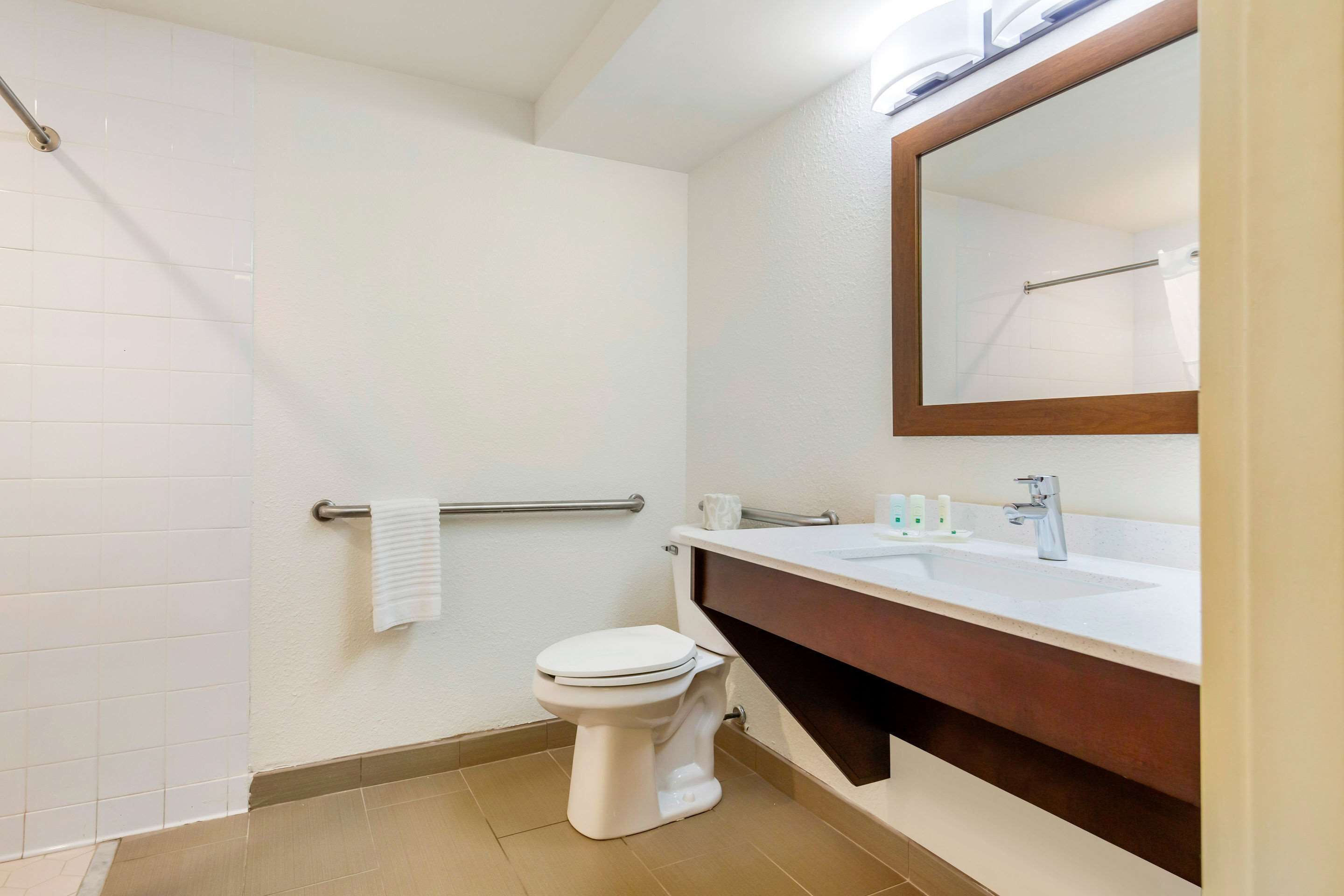 A bathroom with a white toilet, a sink with a mirror, and a shower area.