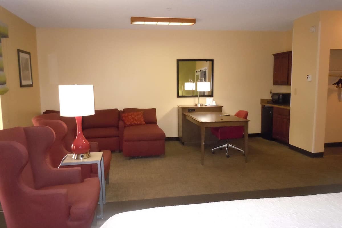 A hotel room with a bed, a desk with a chair, a sofa, and a kitchenette.