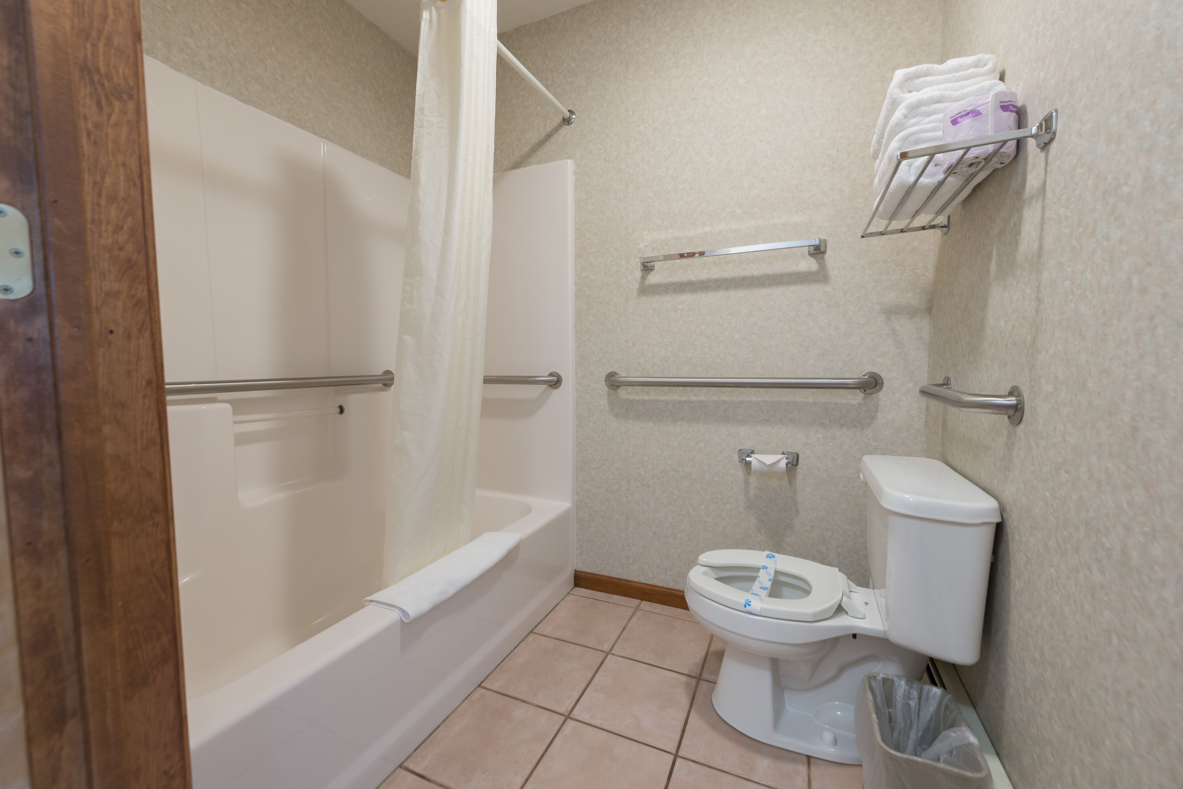 Bagno con vasca, servizi igienici e maniglioni.