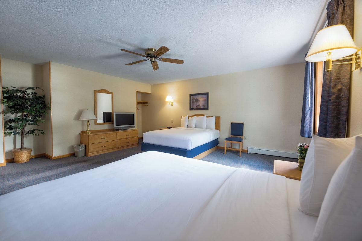 A hotel room with a bed, a desk, a chair, a television, a ceiling fan, and a wall-mounted lamp.