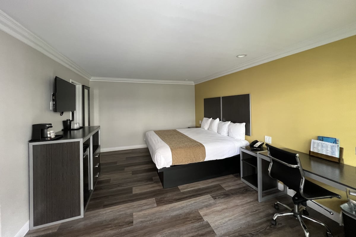 A hotel room with a bed, a desk, a chair, a television, and a telephone.