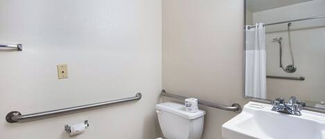 A bathroom with a white toilet, a sink, a mirror, and a shower.