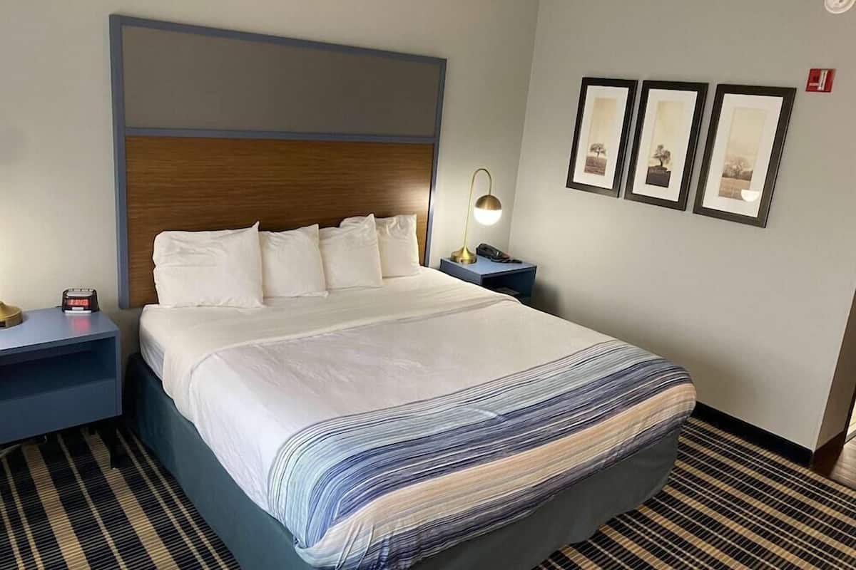 A hotel room with a large bed, a bedside table with a lamp, and three framed pictures on the wall.