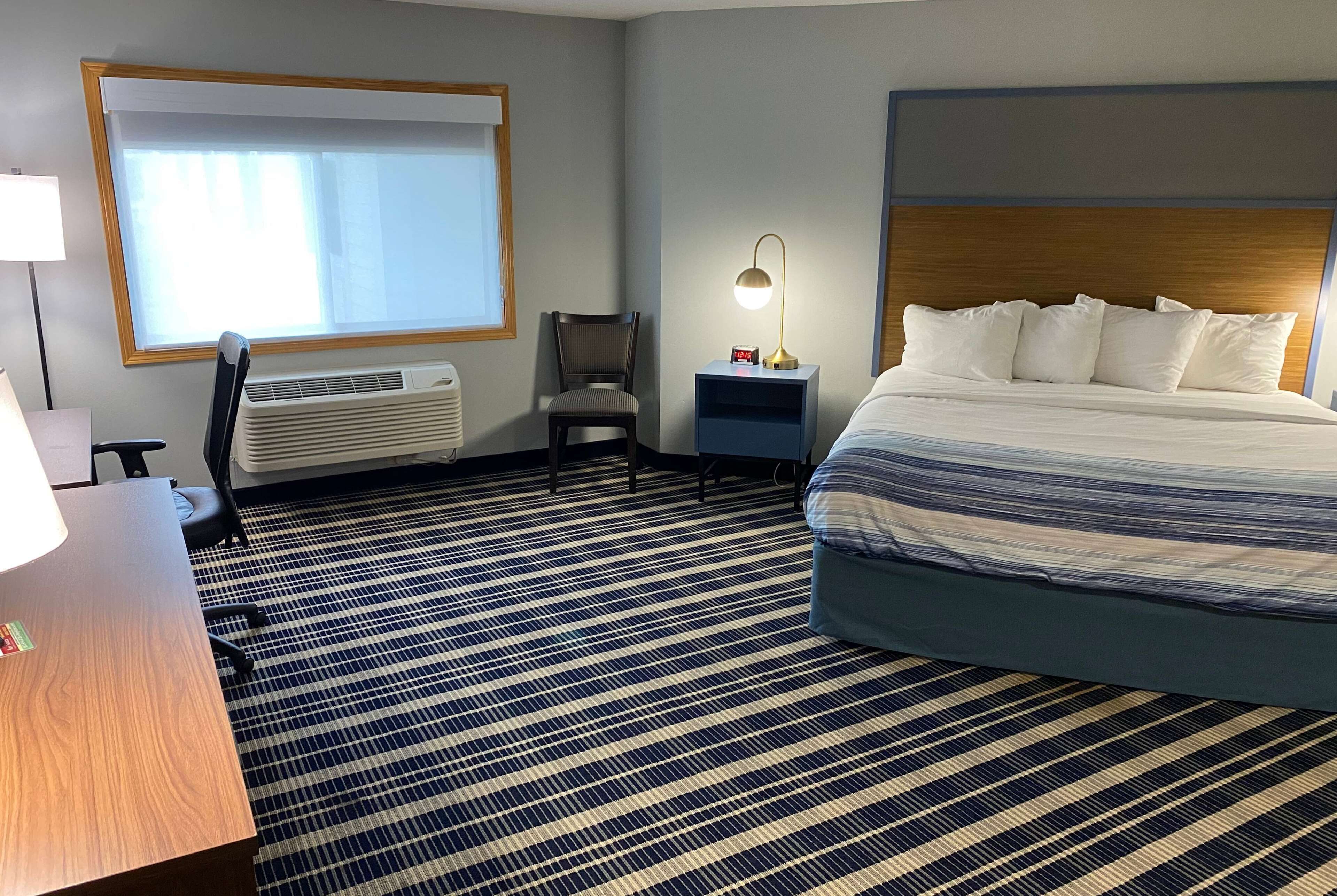 A hotel room with a large bed, a desk, a chair, a nightstand with a lamp, a window with blinds, and a radiator.