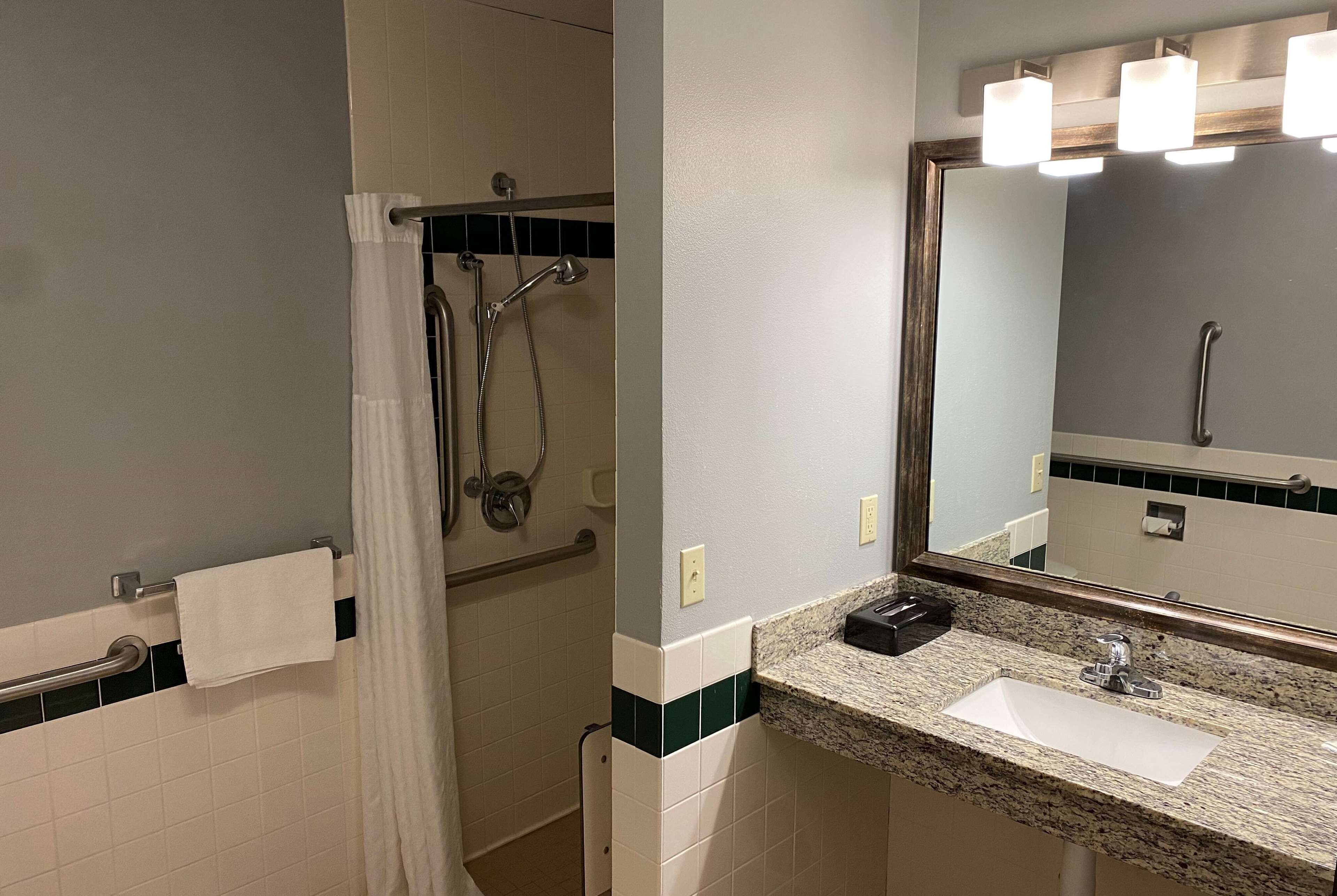A bathroom with a shower, a sink, and a mirror.