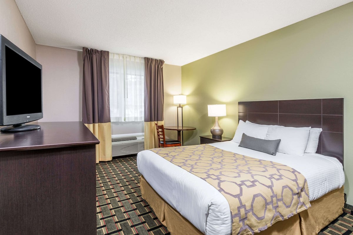 Habitación de hotel con cama, escritorio con televisor, una silla, dos lámparas y ventana con cortinas.