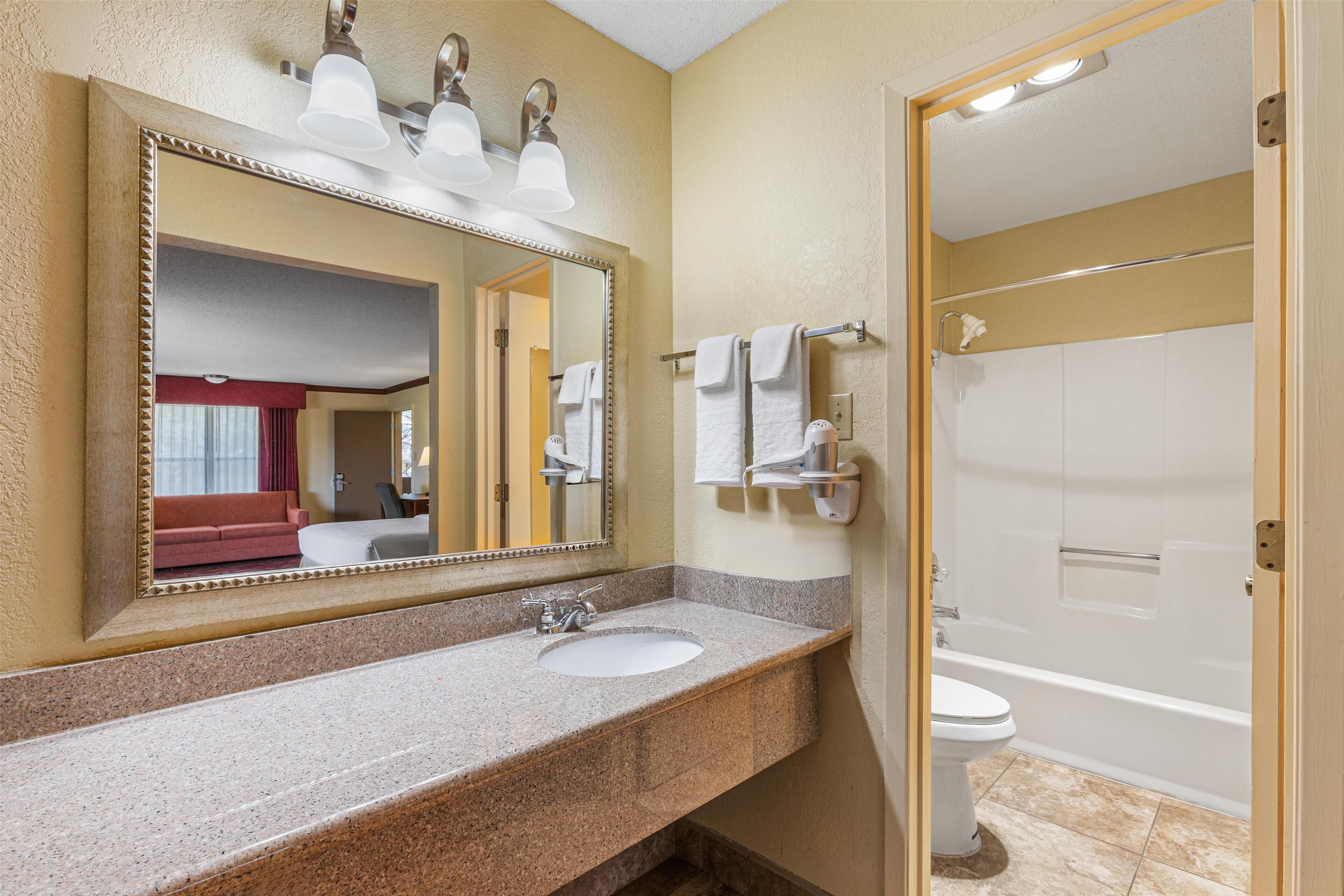 combined shower/bathtub, free toiletries, hair dryer, towels