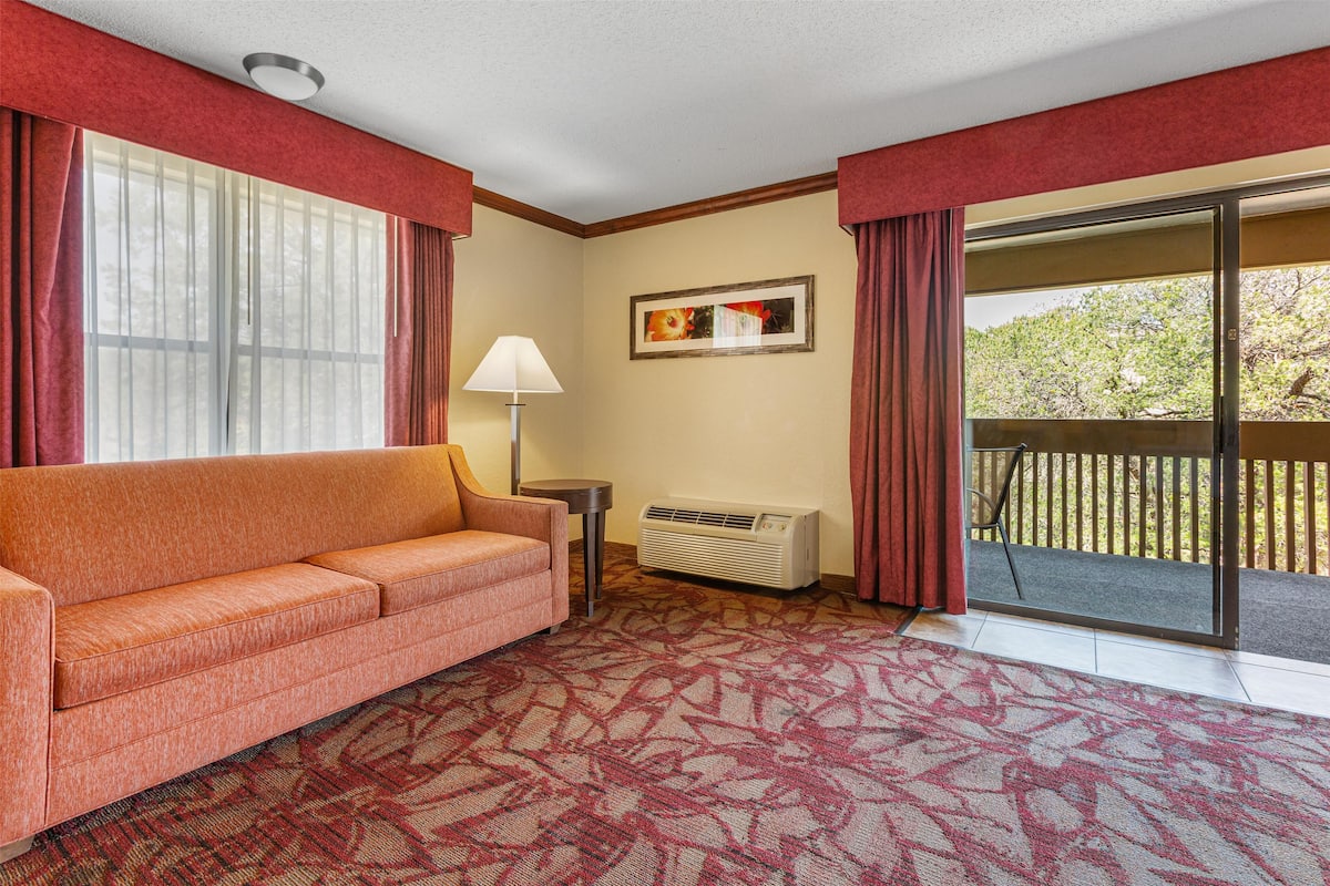 A hotel room with a sofa, a lamp, a framed picture, a heater, and a view of the outdoors.