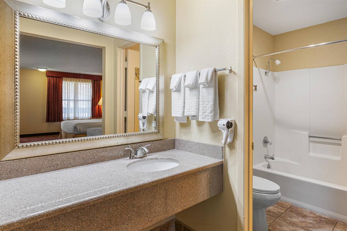 combined shower/bathtub, free toiletries, hair dryer, towels